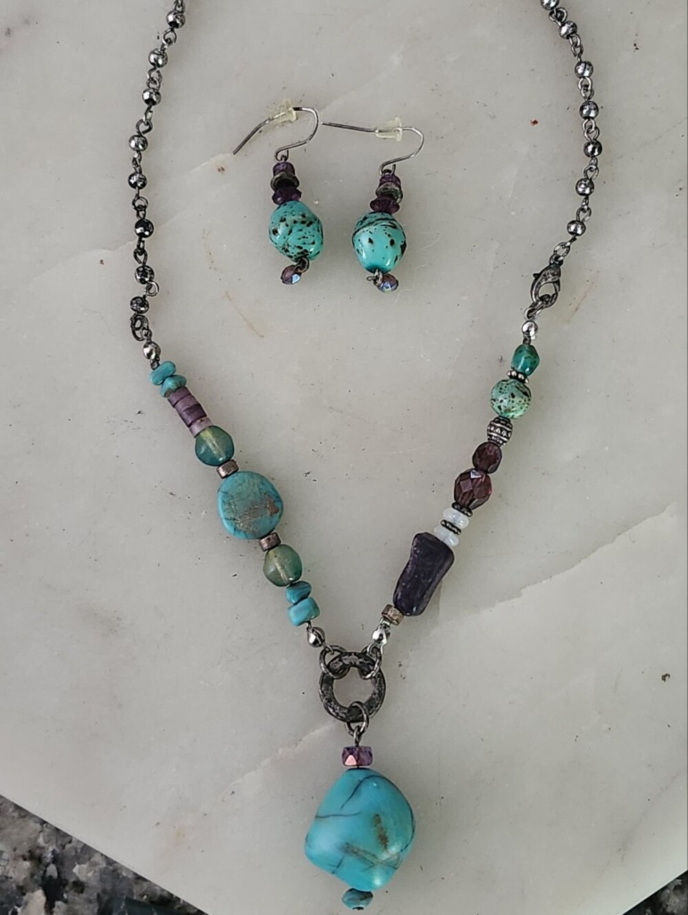 Turquoise and Purple Beaded Necklace with Matching Earrings